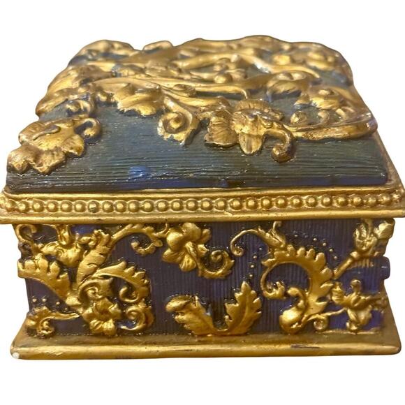 Vintage Baroque-Style Trinket Box – Blue & Gold Floral Relief - Picture 2 of 5
